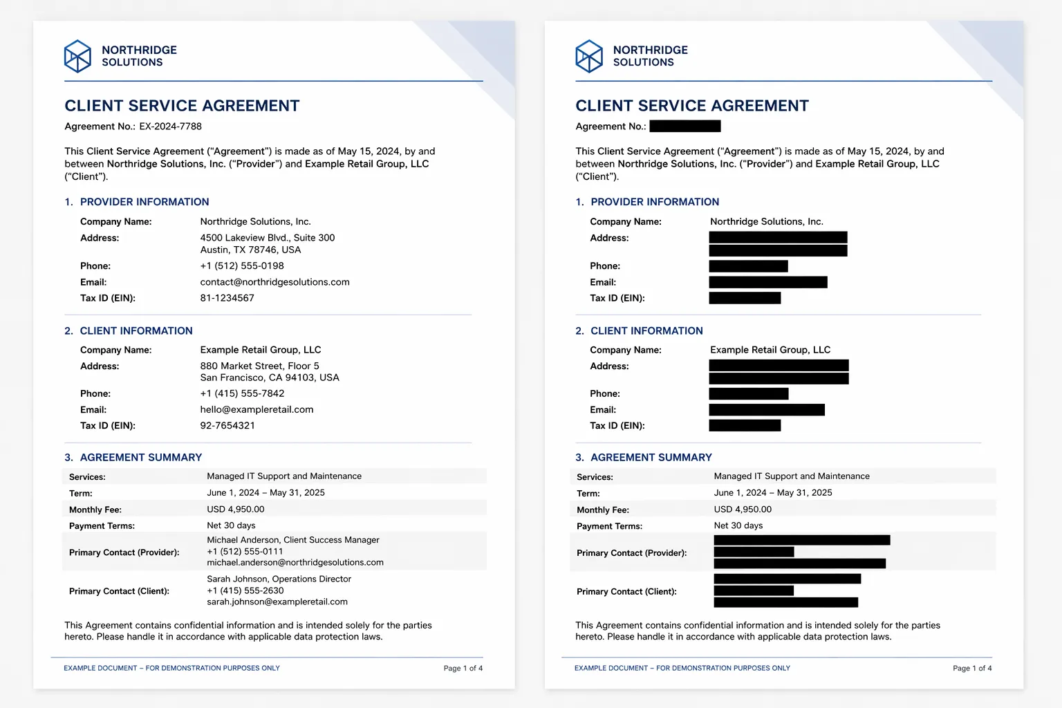 Example of the hddn redaction review workspace with a PDF preview, highlighted detections, and a review sidebar.